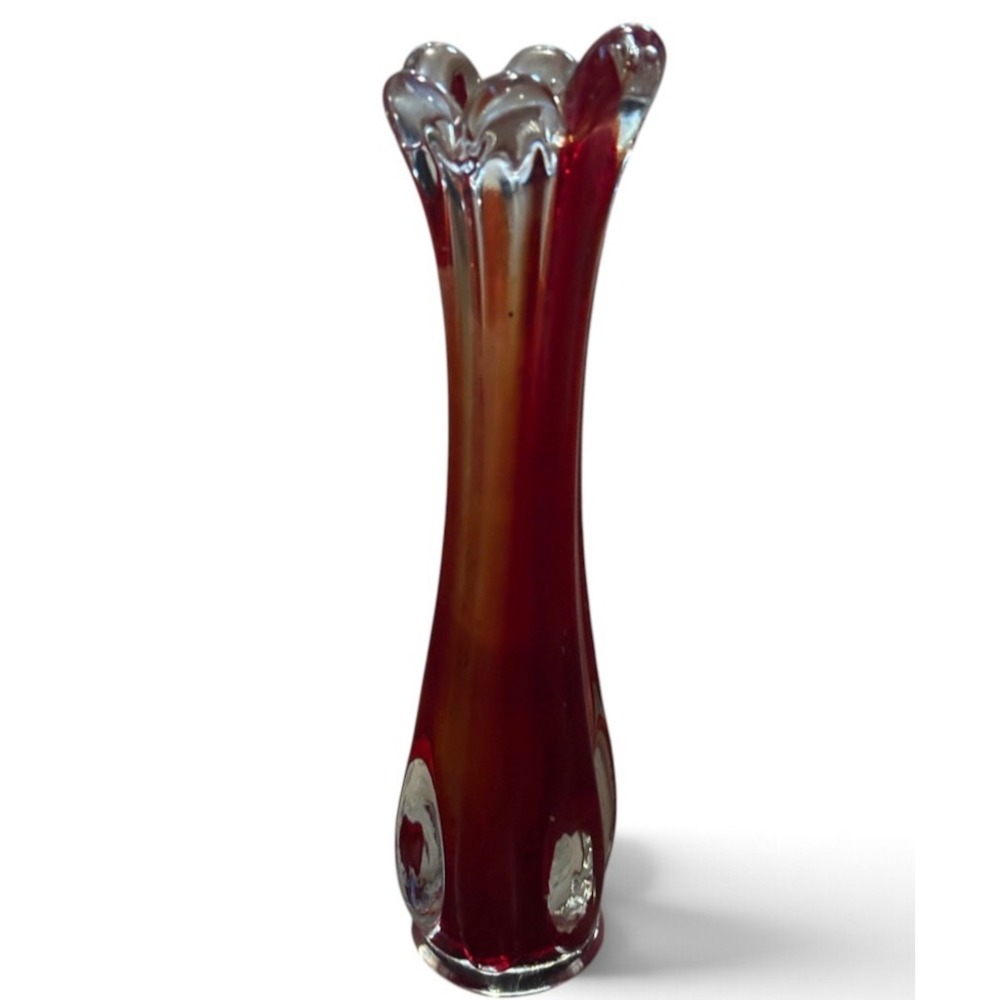 Vintage Ruby Red Swung Art Glass 6 finger Bud Vase Mid Century Modern 11"